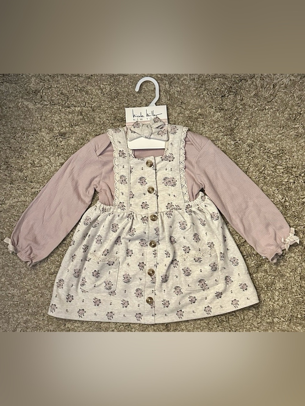 Nicole Miller NY BabyGirl 24M Lavender Pinafore Overall Dress w/Bodysuit Set NWT